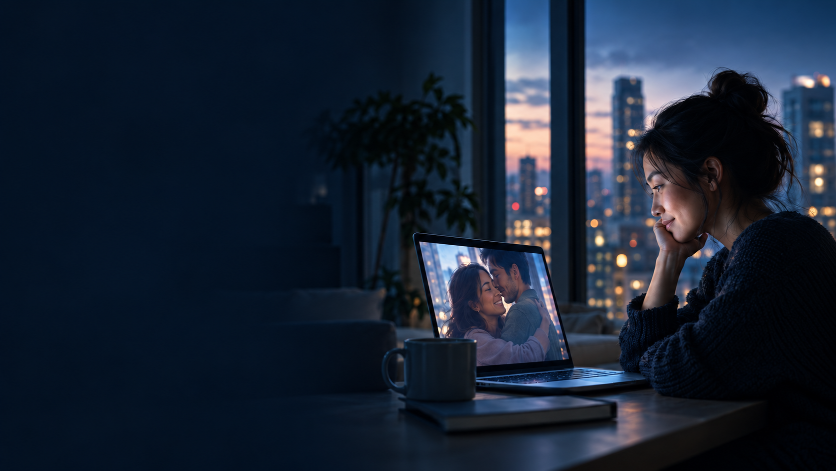 A woman in a blue-hour city apartment watching a personal film of herself sharing a loving moment with her partner