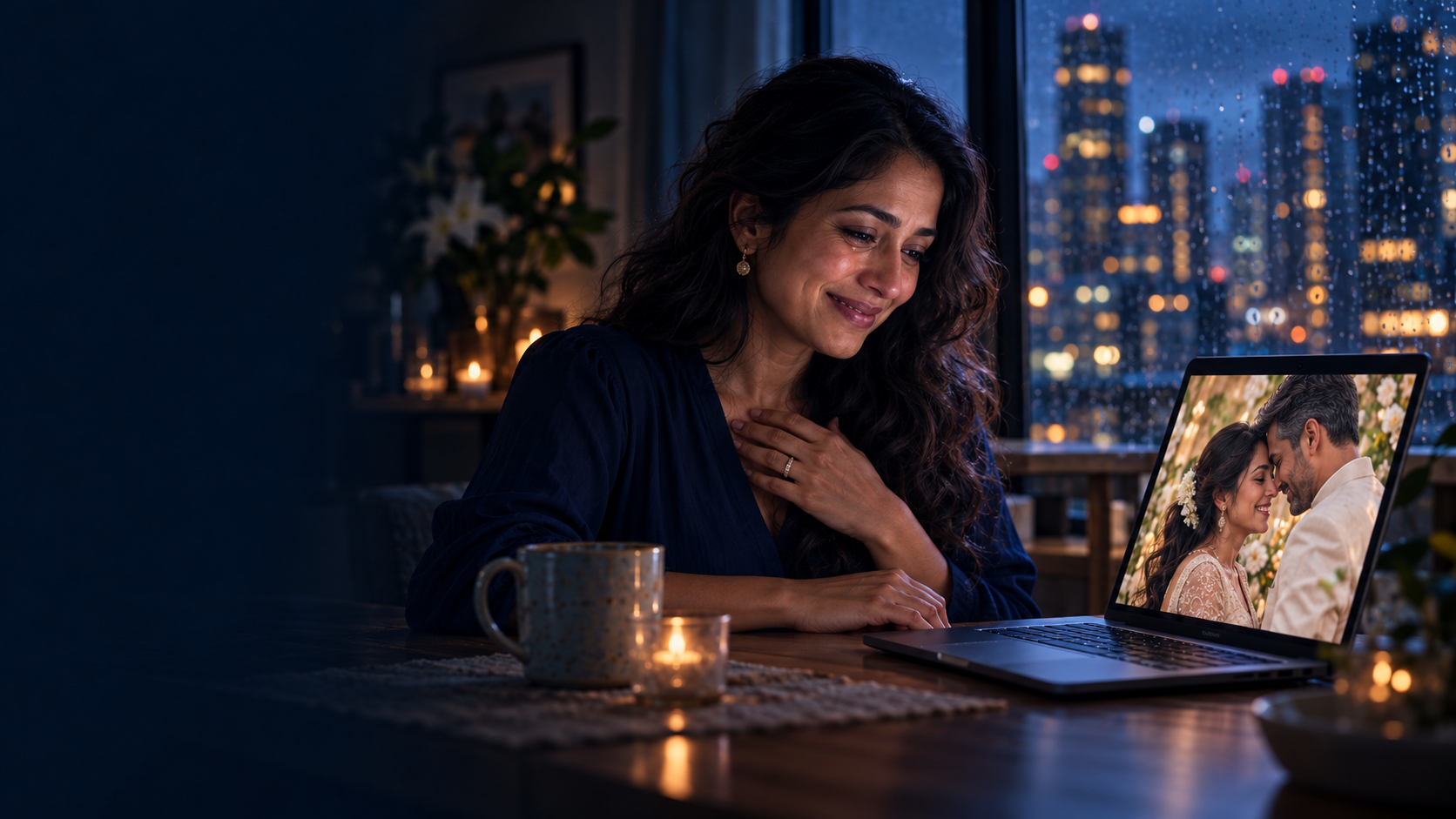 Illustrative scene: a woman in her late thirties smiling with tears of joy while watching her wedding vision on a laptop