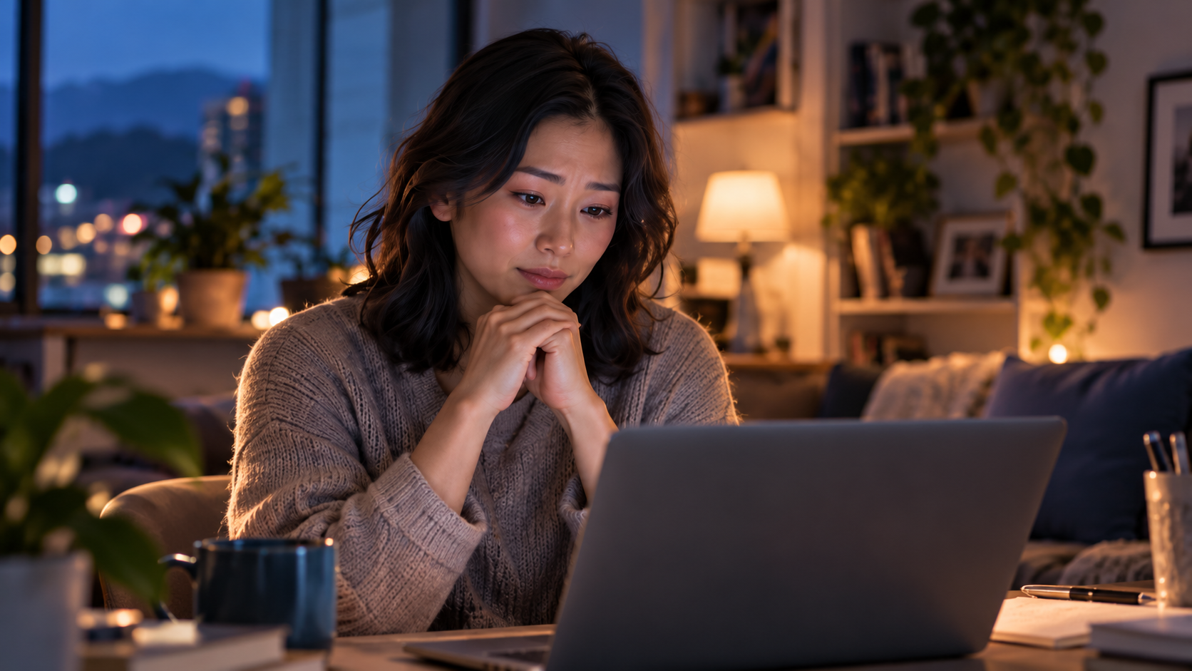 An Asian woman alone in her apartment, nervous and thoughtful beside her laptop