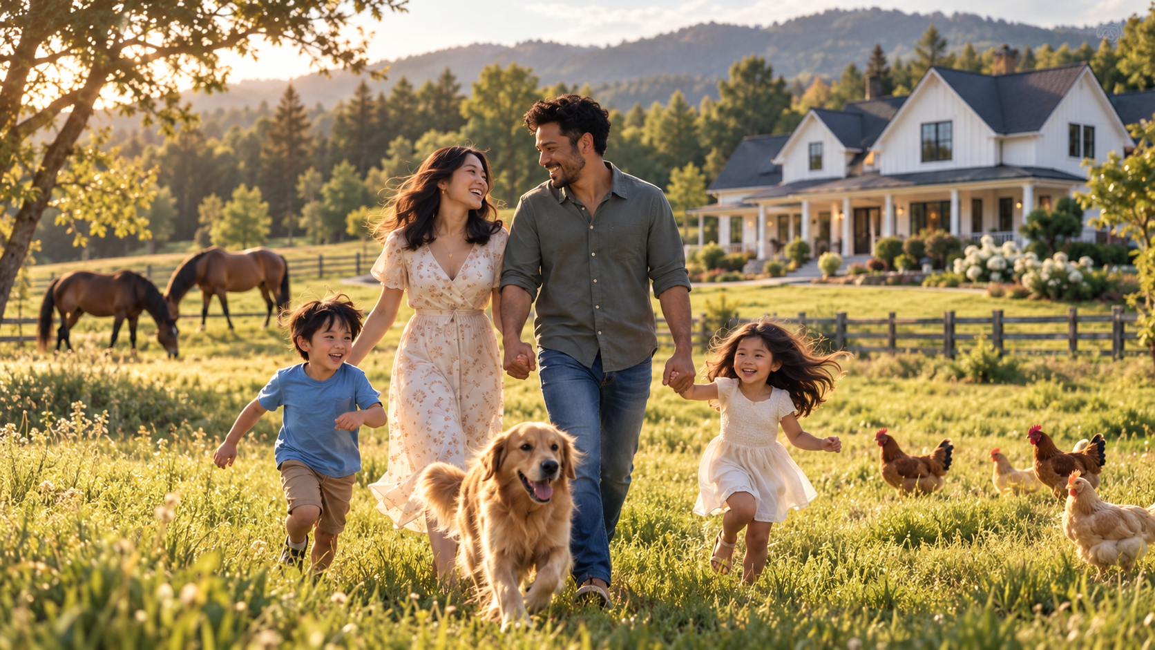 Her imagined family life with her husband, children and animals at a modern farmhouse